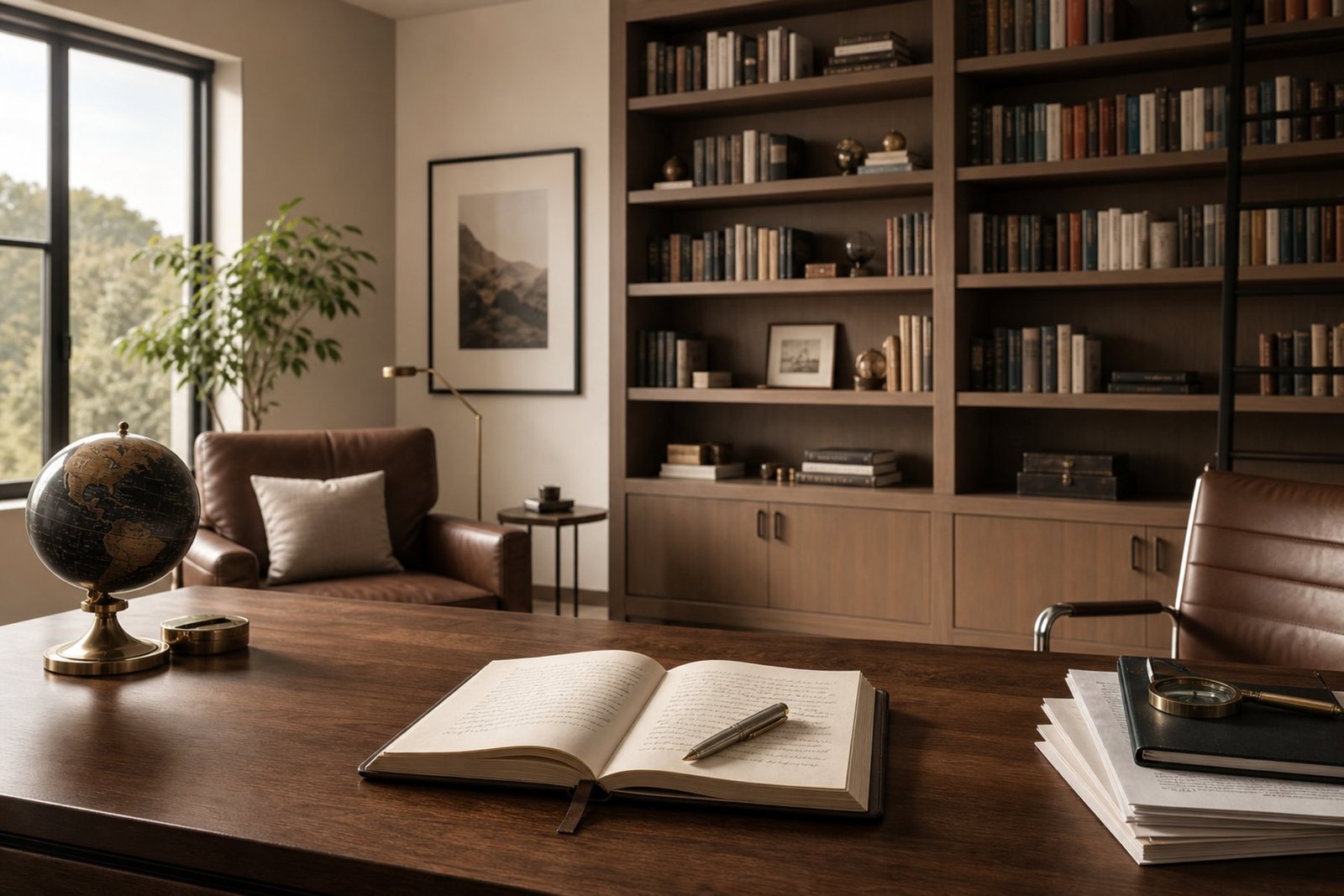 Premium Maro Reading Room office with bookshelf, globe, and open writing journal