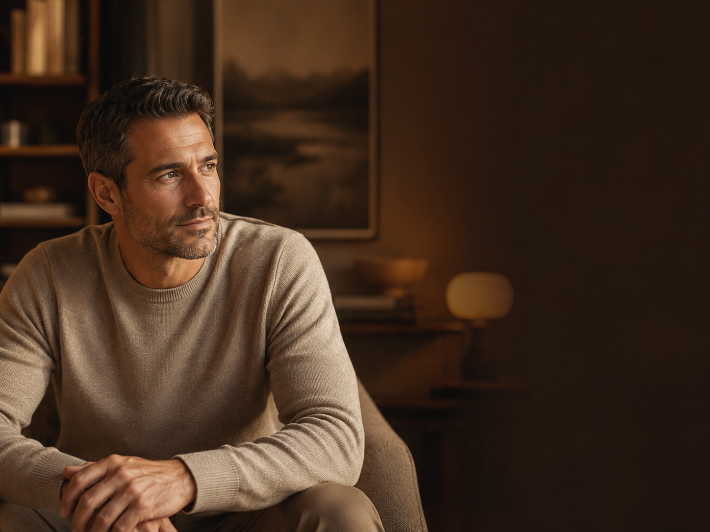 Man seated in a warm interior, looking thoughtful